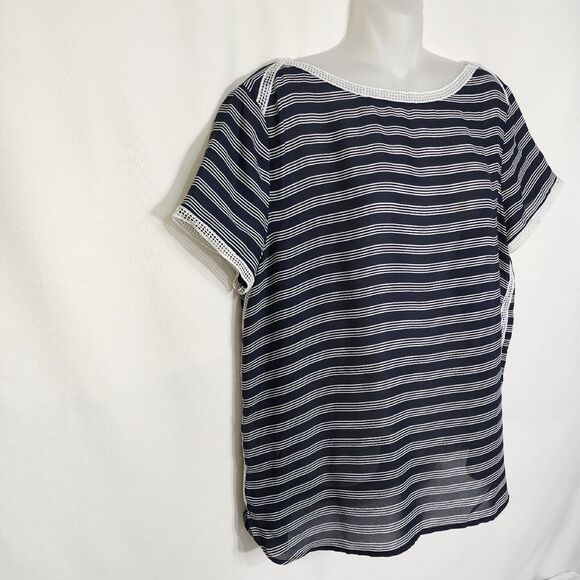 Ann Taylor LOFT Womens Top Medium Sheer White Navy Stripe Lace Trim Short Sleeve - Picture 3 of 10